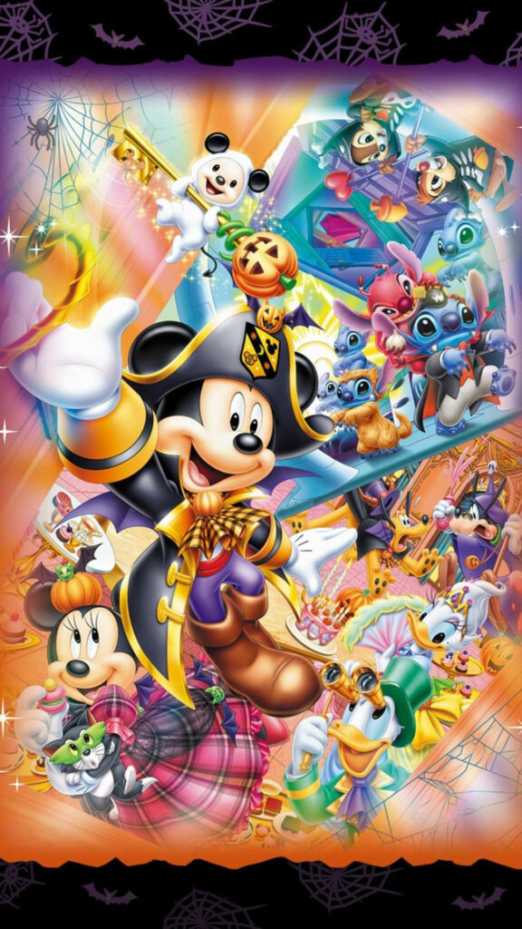 Magical Disney Halloween Gathering: Mickey, Minnie, Stitch, and Friends Create Spooky Fun in this Enchanting Wallpaper