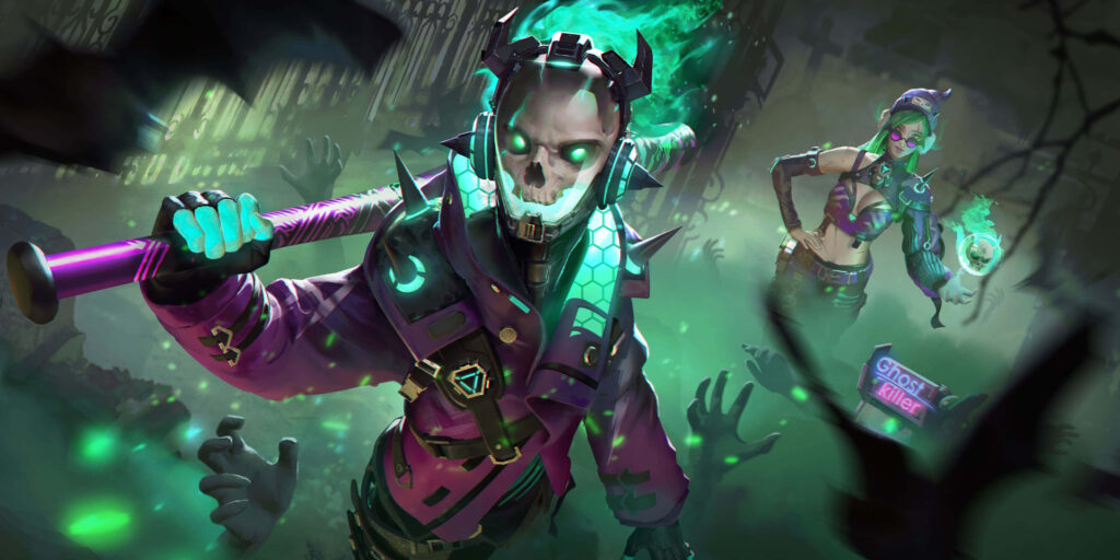 Garena Free Fire Halloween wallpaper with skull warrior punk witch graveyard neon green purple