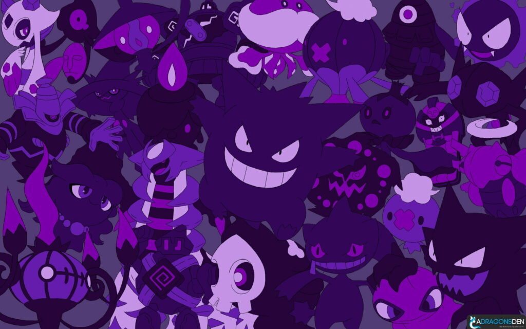 Specter Showdown: A Captivating Pokemon Tale in HD Digital Wallpaper featuring Gengar and Ghostly Cartoon Characters