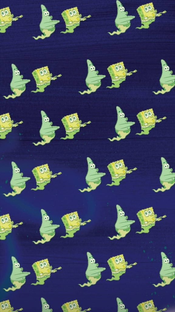 Spooky SpongeBob and Patrick ghost pattern wallpaper with lime-green specters on blue background