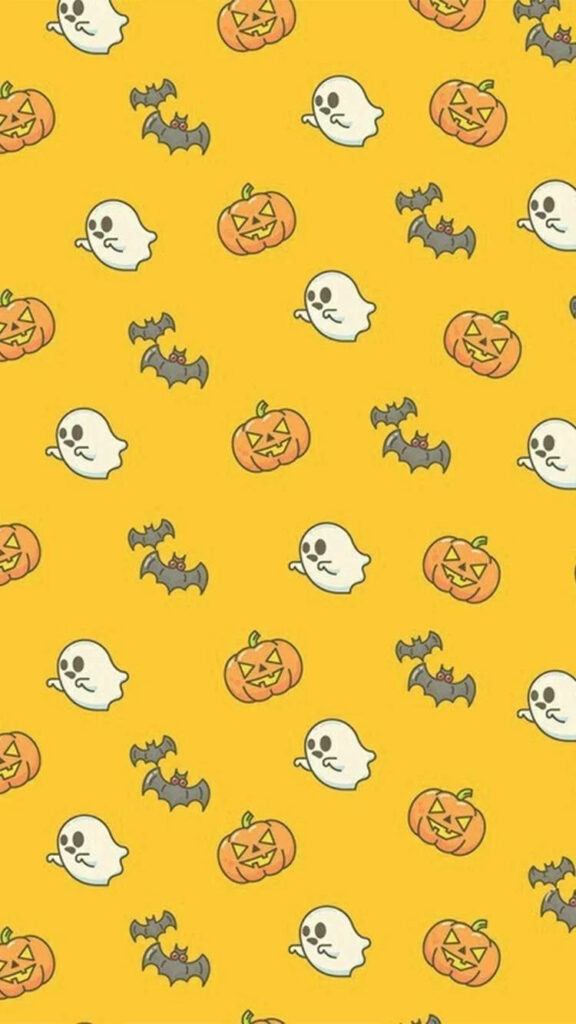 Halloween Delight: Adorable iPhone Background with Iconic Spooky Patterns on a Vibrant Yellow Canvas Wallpaper