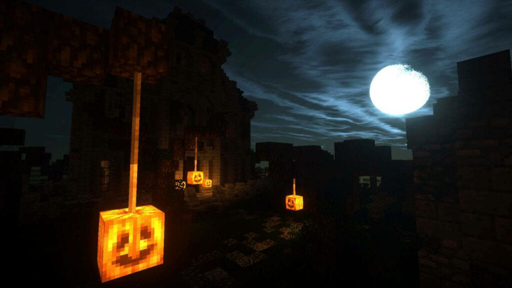 Ghoulishly enchanting foliage: A festive display of Jack-o'-lantern decorations nestled amidst Minecraft's lush trees Wallpaper