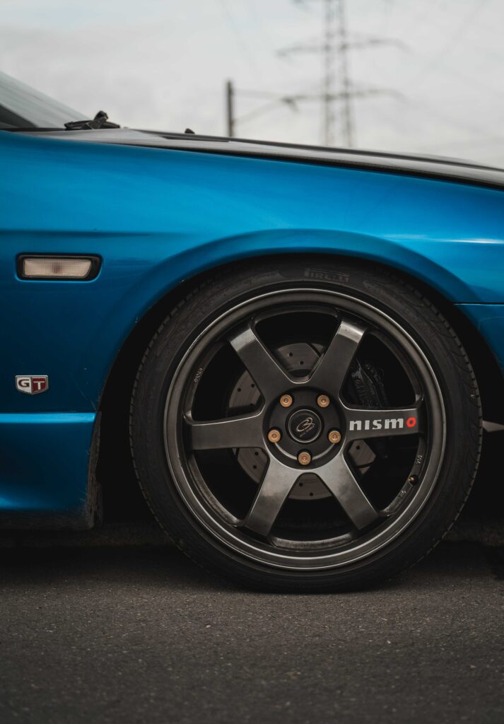 Sporty Blue Car Wallpaper: Detail on Wheels with Metallic Shine