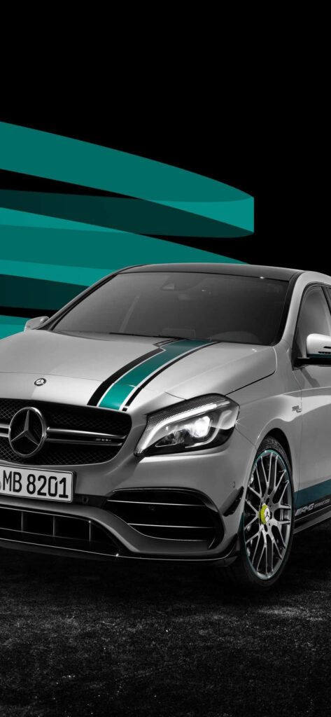 Grey Mercedes-Benz A-Class with sporty design and dynamic lighting on black teal background wallpaper