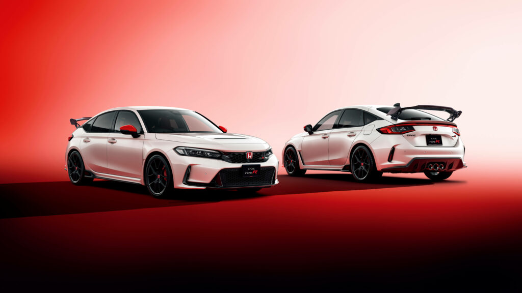 Two white Honda Civic cars with sporty design and aerodynamic features on red gradient background Wallpaper