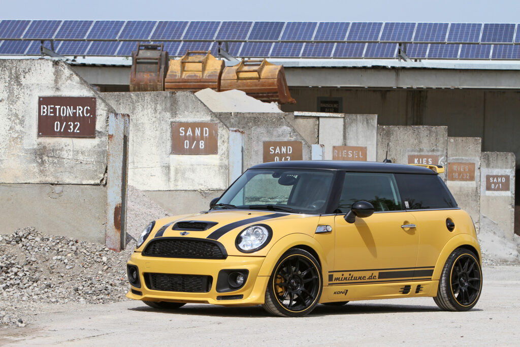Sporty Yellow Mini Cooper S R56: Tuning Modifications & Industrial Backdrop Wallpaper