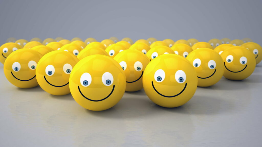 Cheerful 3D yellow smiley faces with blue eyes on soft neutral background HD wallpaper