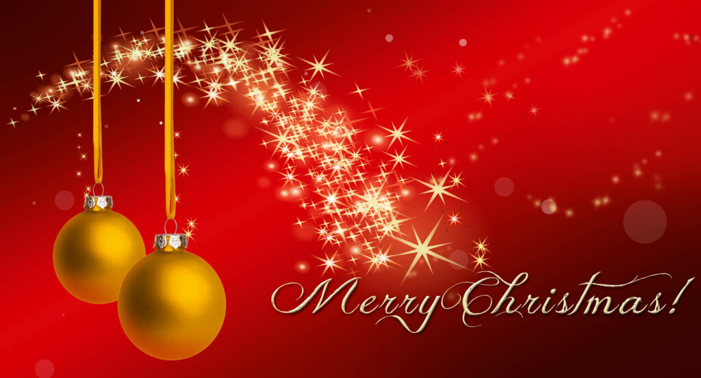 Red holiday wallpaper with golden ornaments sparkling stars and Merry Christmas text background