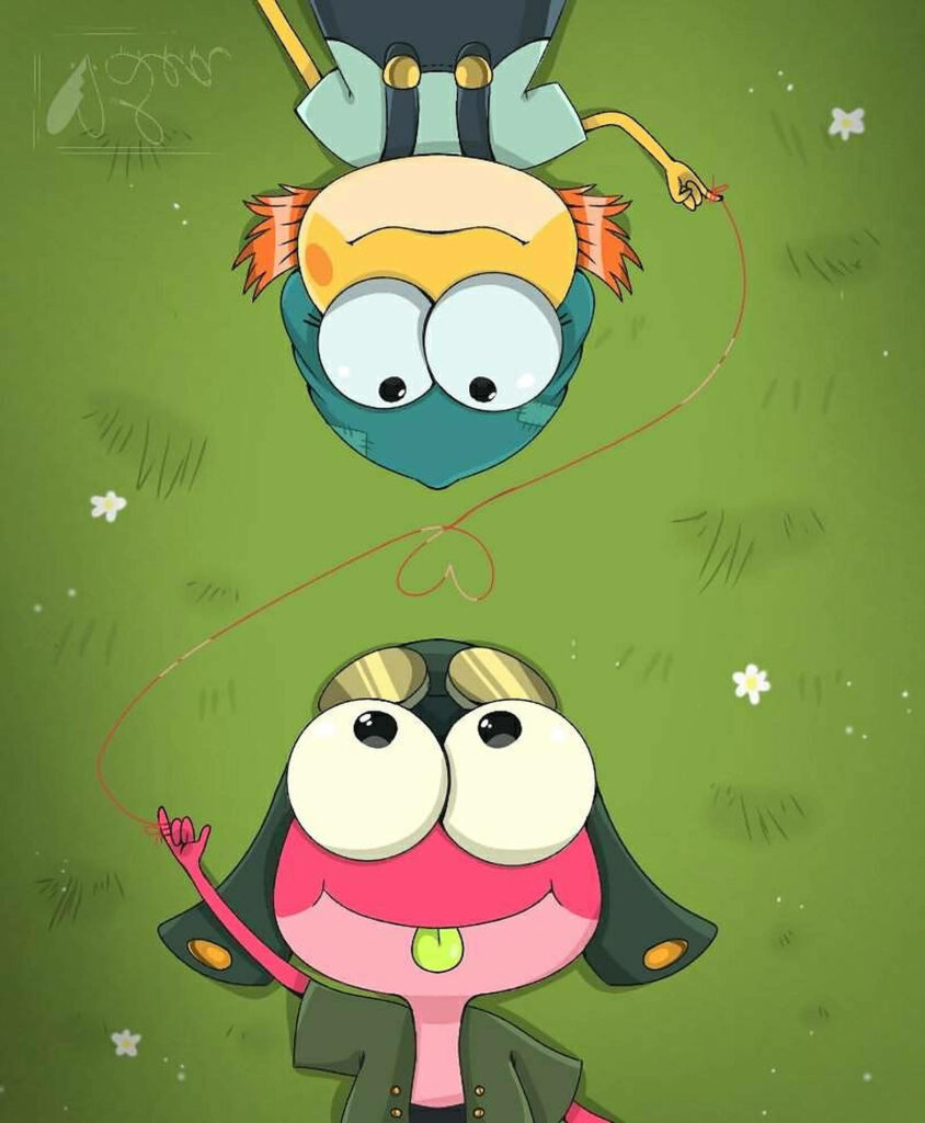 Sprig and Ivy from Amphibia lying on grass connected by red string heart wallpaper background
