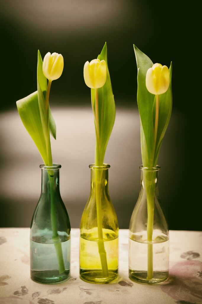 Spring Ambiance: Delicate Tulips in Glass Bottles Wallpaper