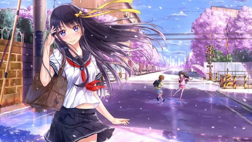 Anime high school girl in sailor uniform walking under cherry blossoms near railway crossing Wallpaper