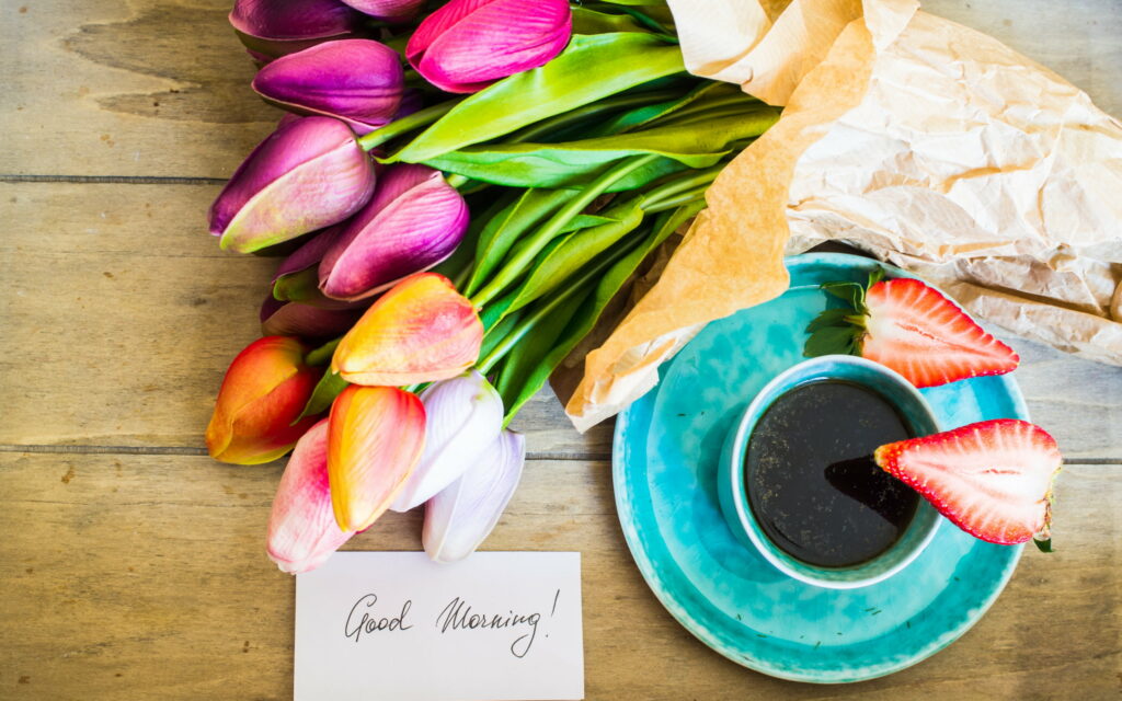Romantic Spring Mornings: A Bouquet of Tulips, Coffee, and Happiness in HD Wallpaper