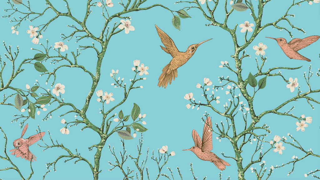 Spring Birds on Flowering Branches: Serene Sky-Blue Wallpaper