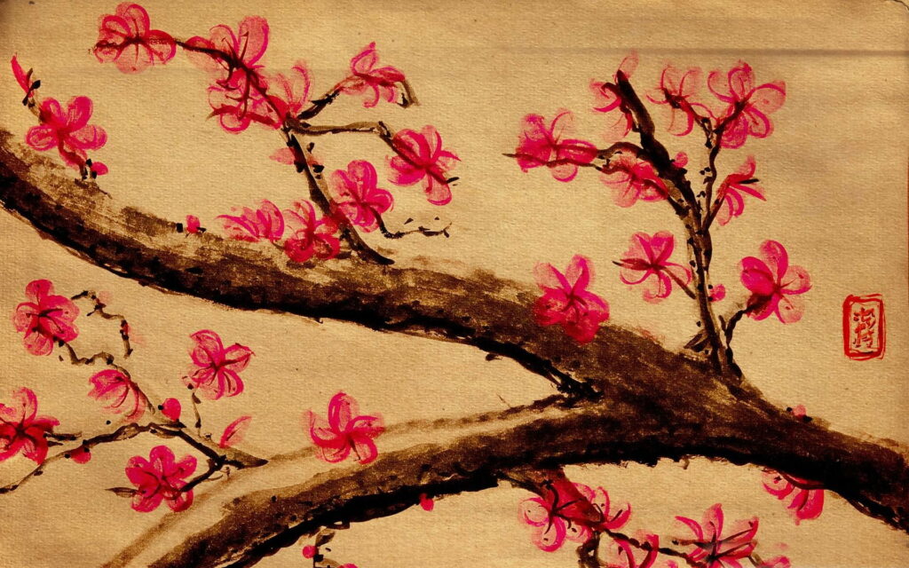 Blooming Delights: A Captivating Spring Landscape Depicted in Cherry Blossom Painting Wallpaper