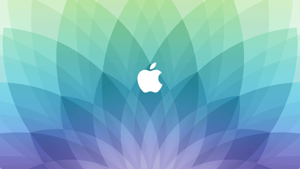Apple logo on green to purple gradient floral petals digital wallpaper background modern design