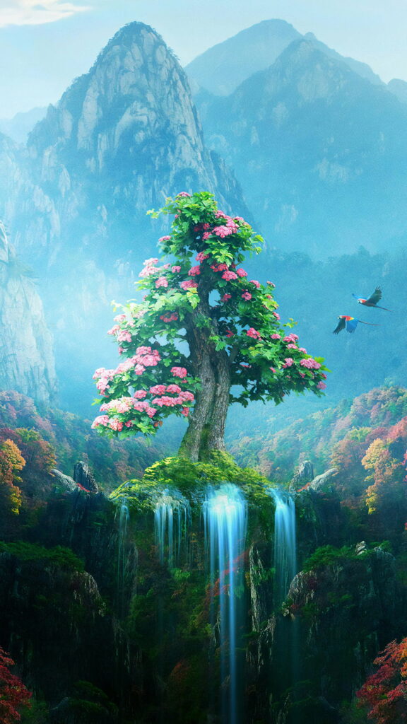 Vibrant Spring Symphony: Majestic Forest Cascade amidst Lush Greenery & Melodious Birdsong Wallpaper