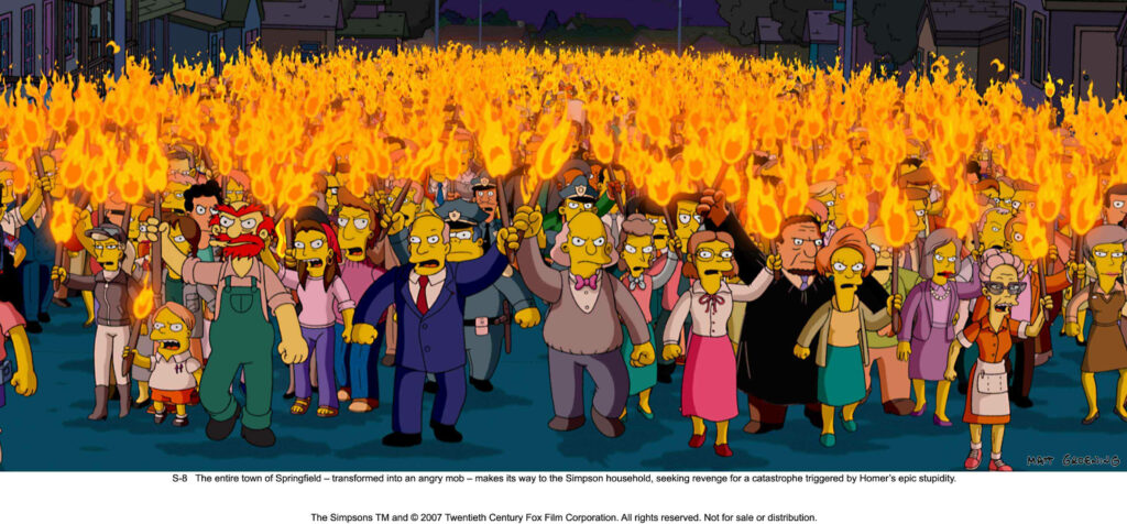 Springfield Mob Unites: Vibrant The Simpsons Movie Wallpaper Background