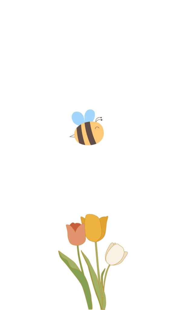 Cheerful Cartoon Bee & Colorful Tulips Minimalist Spring Wallpaper