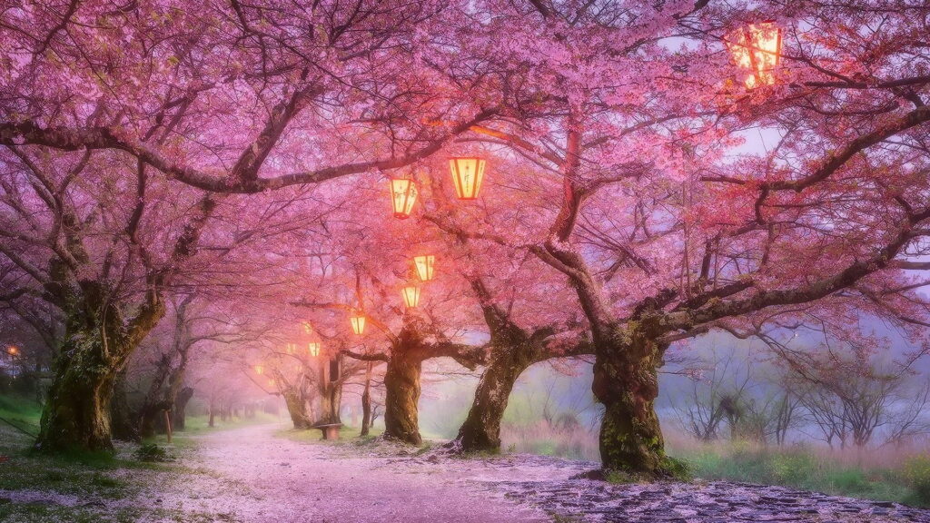 Spring cherry blossom path in Iwakuni Japan with glowing paper lanterns and misty atmosphere Wallpaper