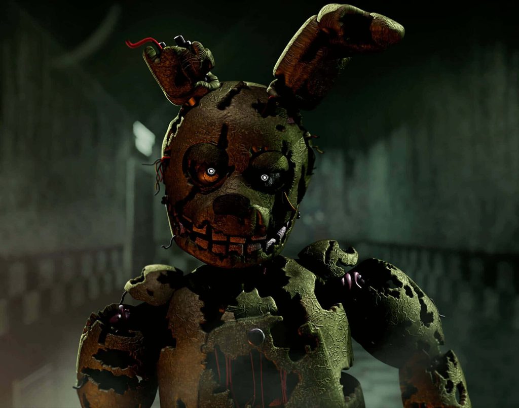 Cinematic 3D Springtrap animatronic with glowing eyes and exposed wires in dark FNAF wallpaper