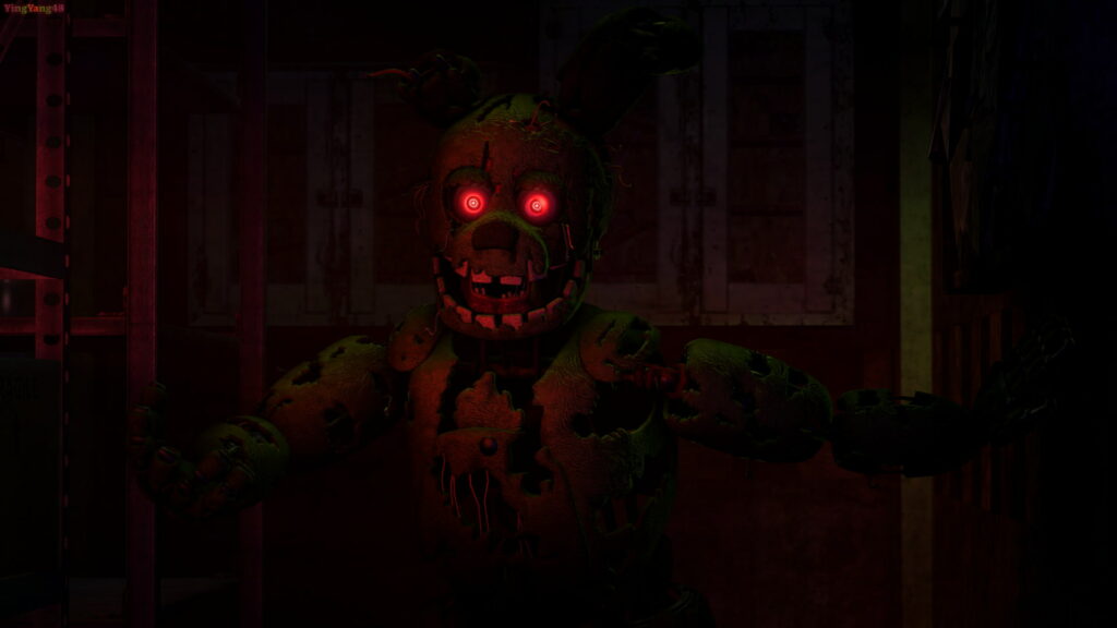HD Springtrap animatronic from Five Nights at Freddy’s 3 with glowing red eyes in dark corridor wallpaper
