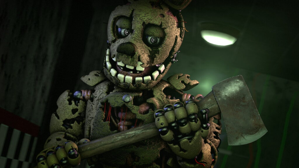 Springtrap animatronic from Five Nights at Freddys 3 gripping axe in dark eerie 3D wallpaper