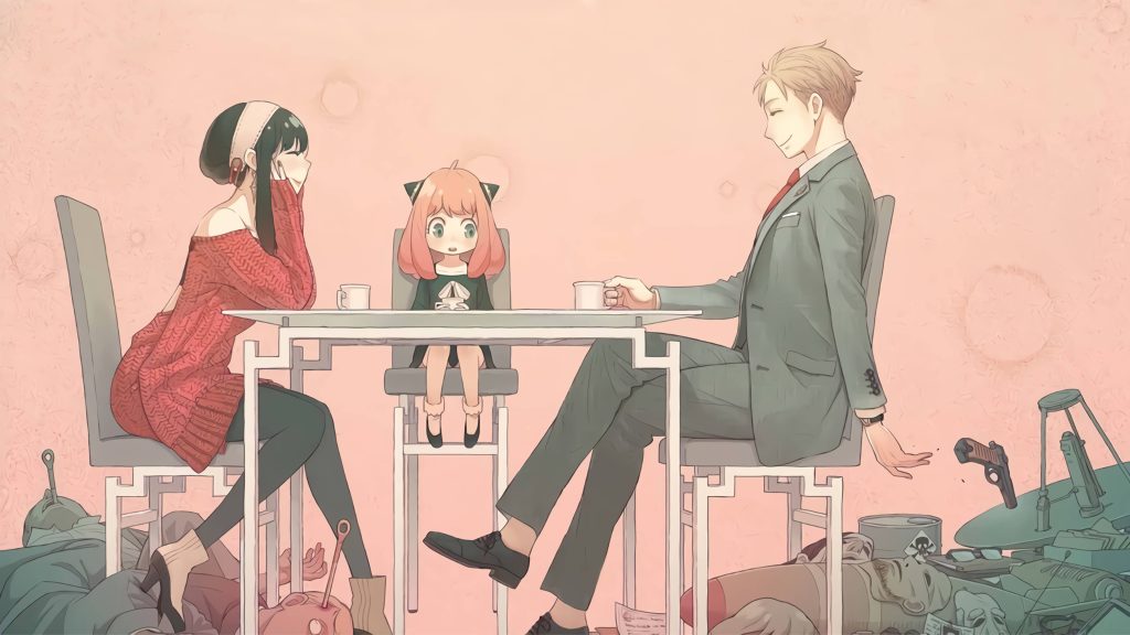 Spy Family anime wallpaper Loid Yor Anya enjoying tea with weapons and enemies on pink background