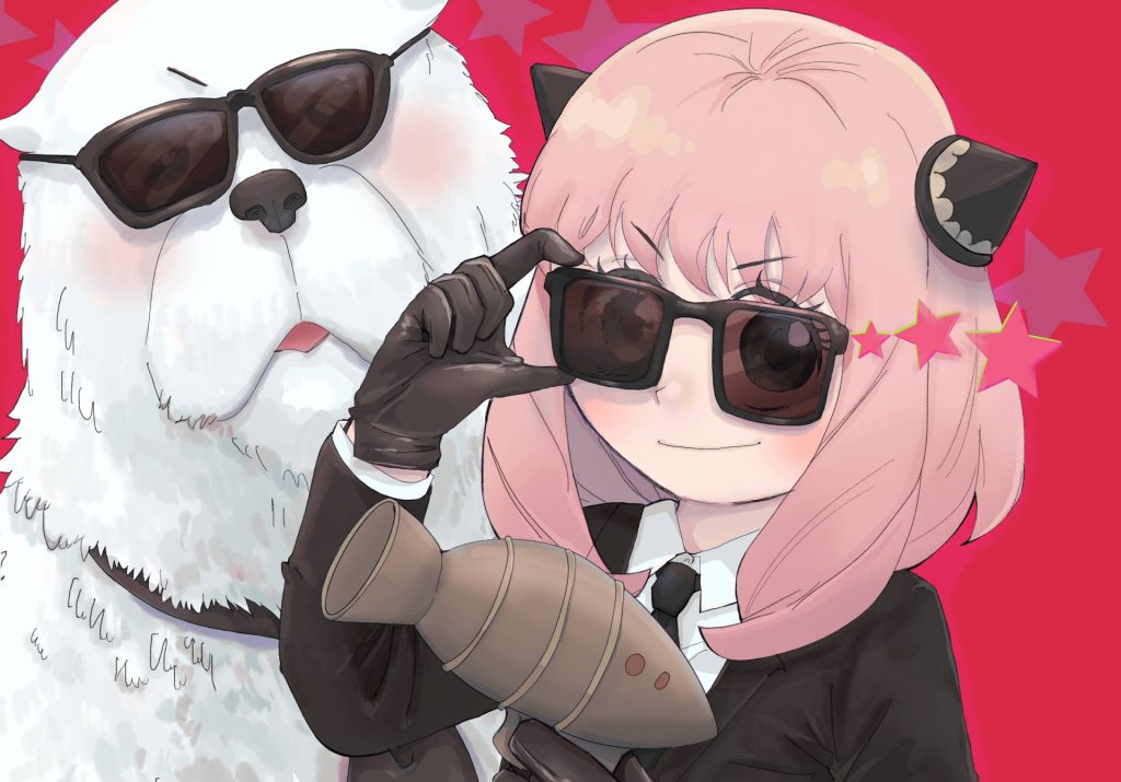 Spy × Family wallpaper Anya Forger and dog Bond in black suits with red starry background