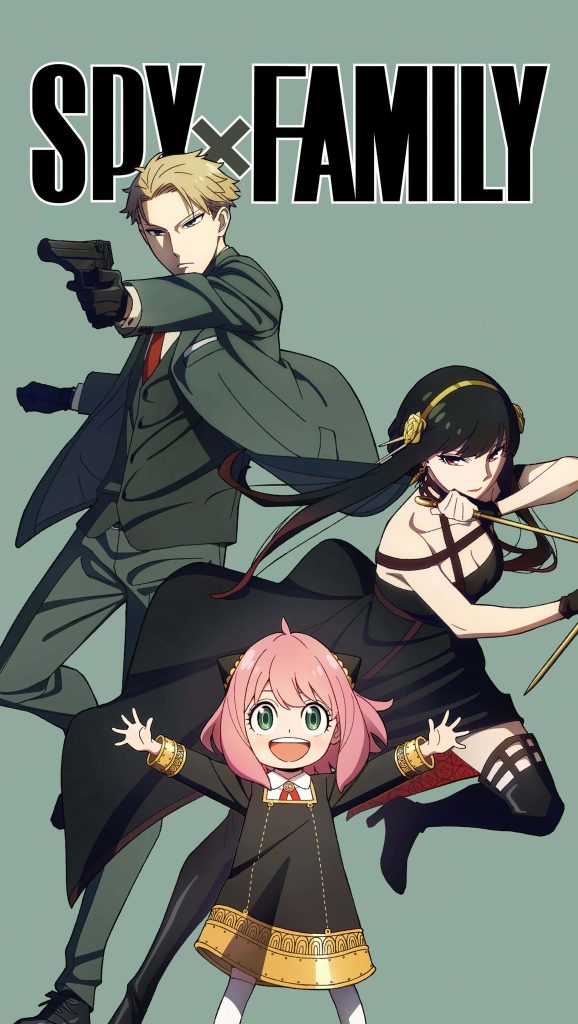 Spy x Family anime wallpaper Loid aims pistol Yor with stilettos Anya smiling action scene