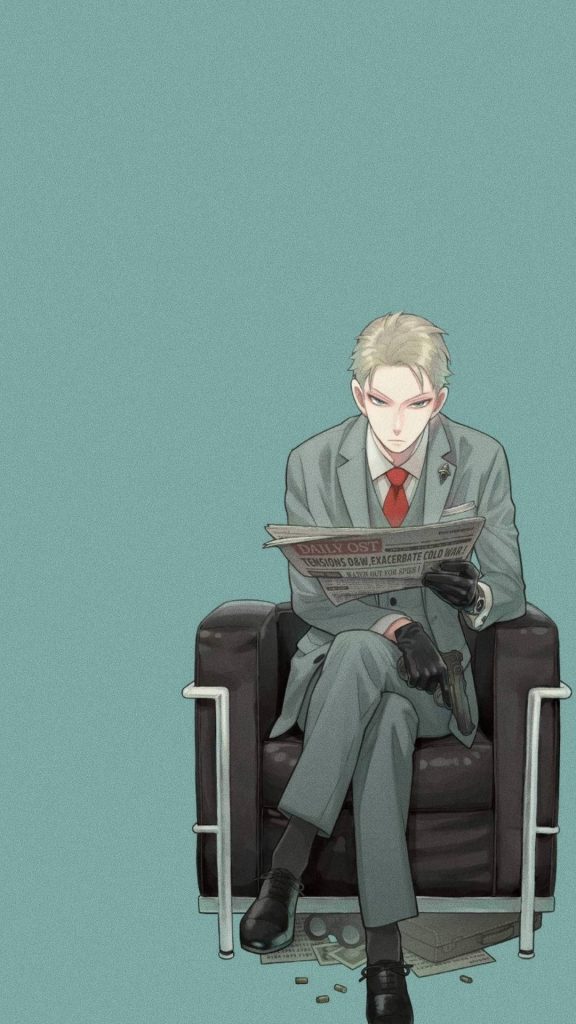 Loid Forger Spy × Family anime wallpaper sharp suit holding newspaper and gun teal background