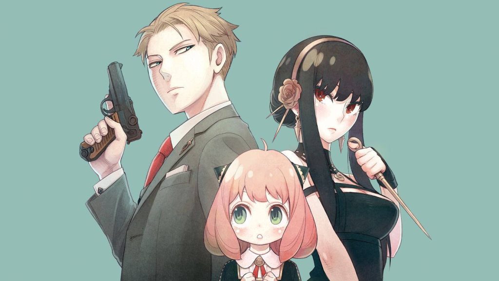Forger family Spy x Family anime wallpaper Loid with handgun Yor dagger Anya mint background