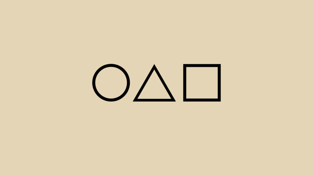 Minimalist Squid Game wallpaper with black circle triangle square symbols on beige background