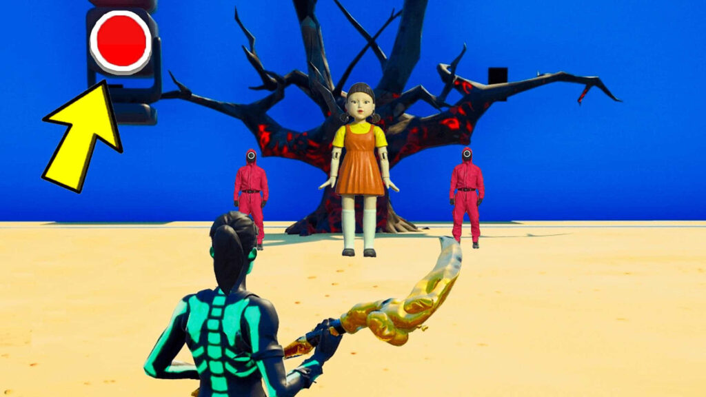 Squid Game Meets Fortnite: Gamers' Battle Royale in the Red Light, Green Light Arena Wallpaper