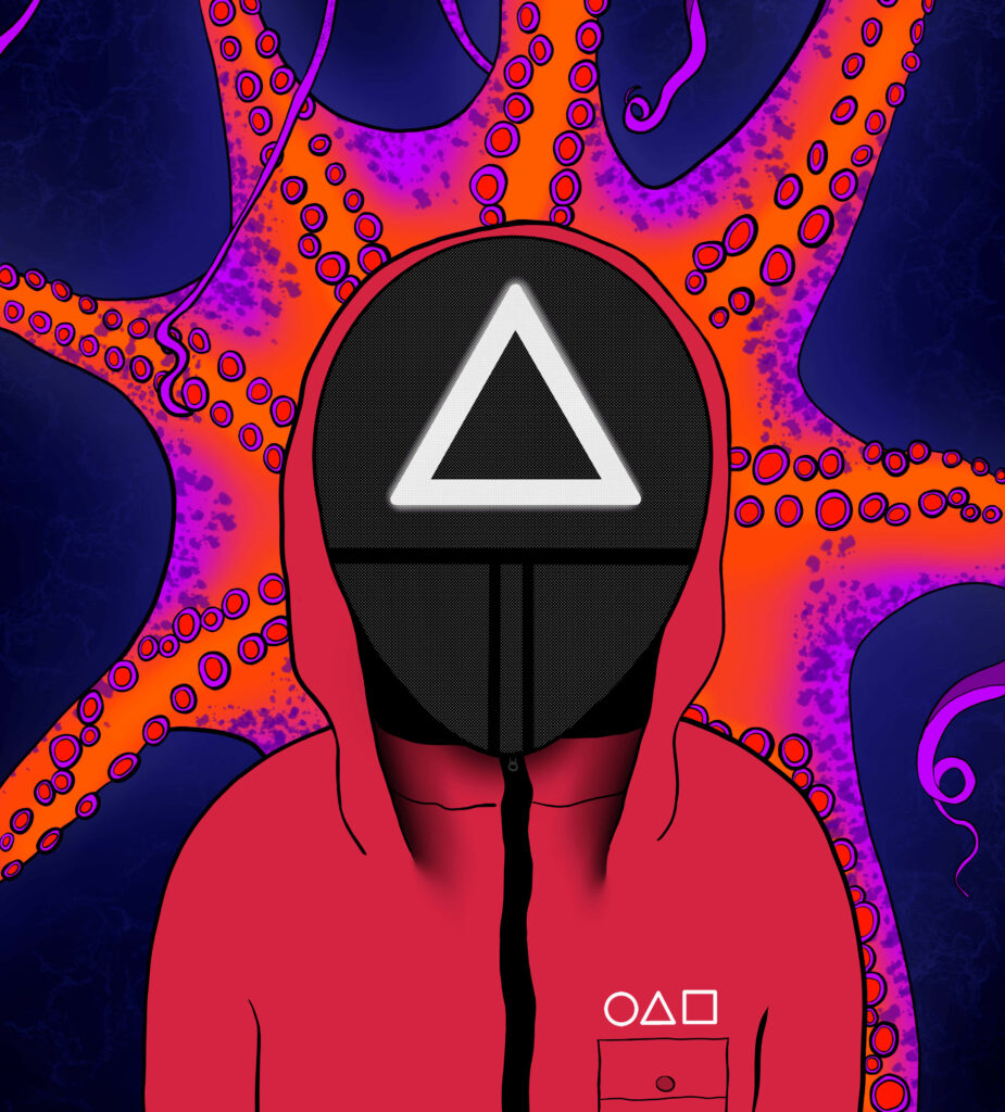 Menacing Guardian: A Squid Games Enforcer Stands Defiantly Before an Octopus Silhouette Wallpaper
