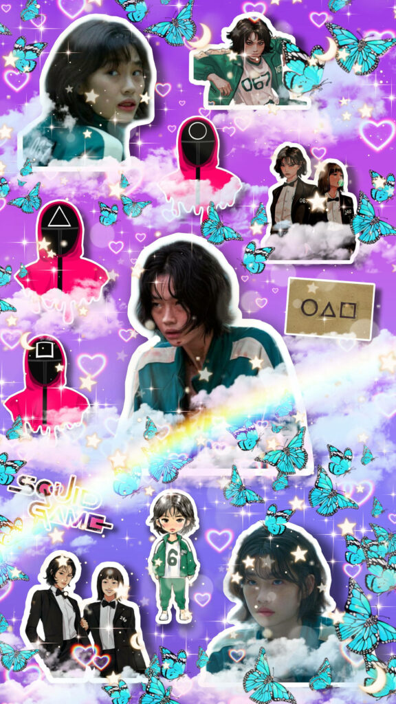 067 from Squid Game: Enchanting Rainbow Fusion Collage Wallpaper