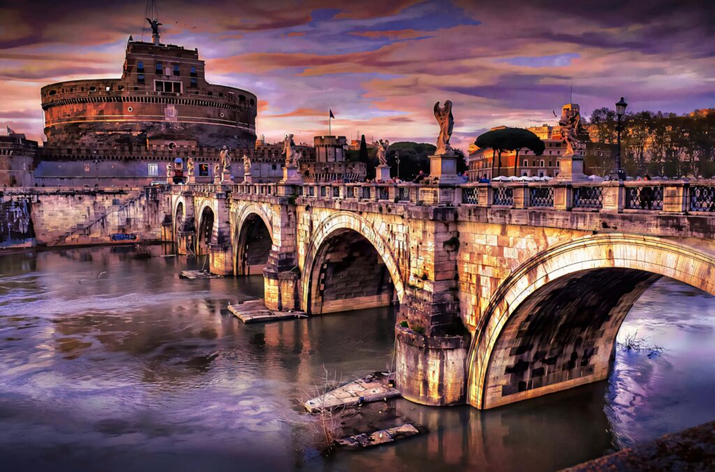 Bridge of St Angelo at Castel Sant Angelo Rome with purple sky and golden light wallpaper background
