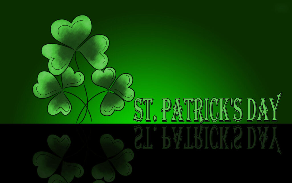 Green shamrocks cluster above bold St Patrick's Day text on vivid green reflective wallpaper background