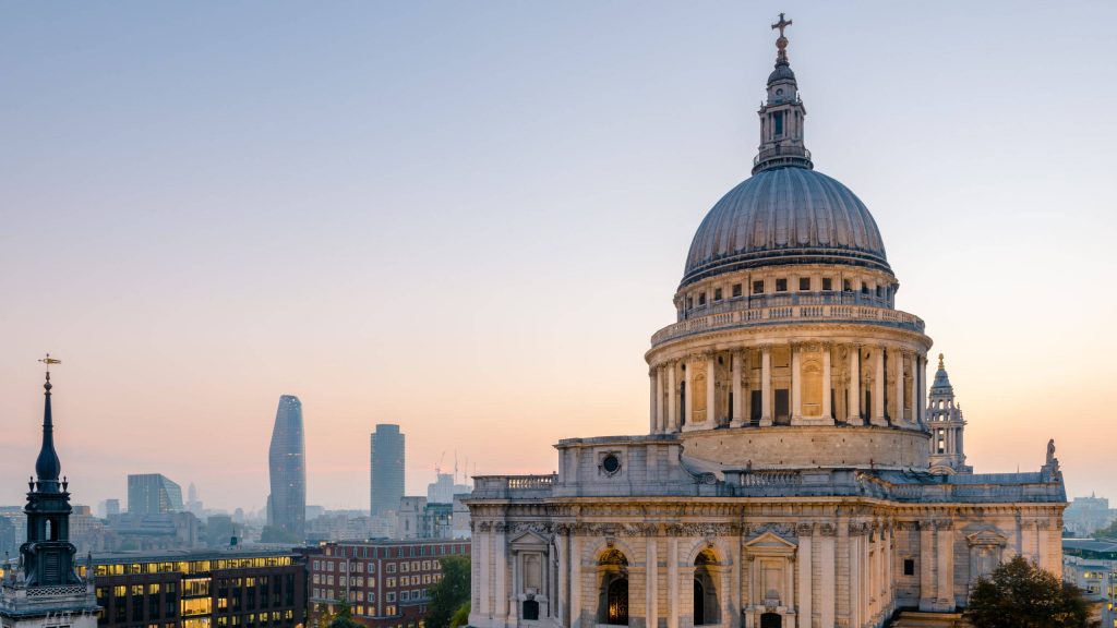 St Pauls Cathedral sunset over London skyline serene dusk cityscape wallpaper background