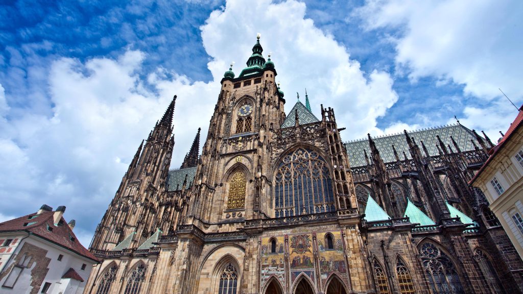 St Vitus Cathedral Prague Gothic architecture clock tower Last Judgment mosaic bright sky wallpaper