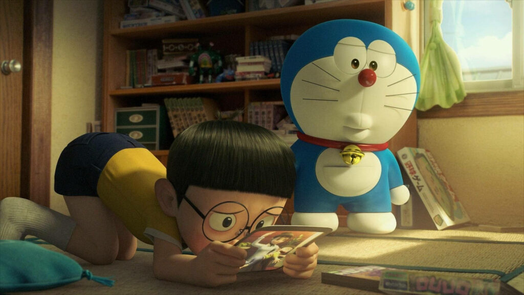 A Glimpse into Nobita's Desolation: Doraemon's Concern Captured in Stand By Me Doraemon Wallpaper