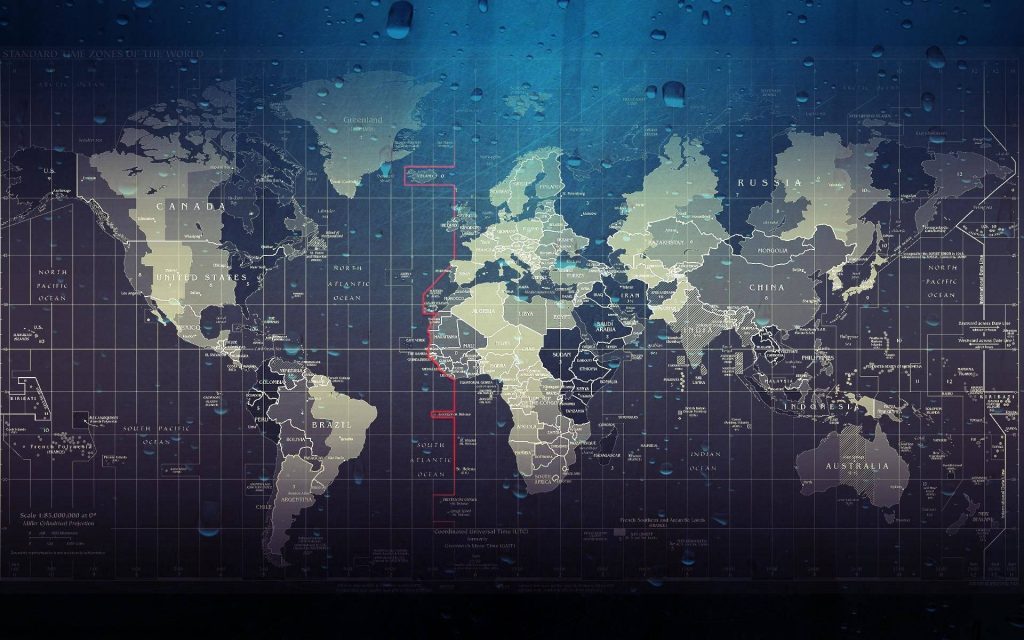 Standard time zones world map navy blue with white labels grid lines and time offsets wallpaper