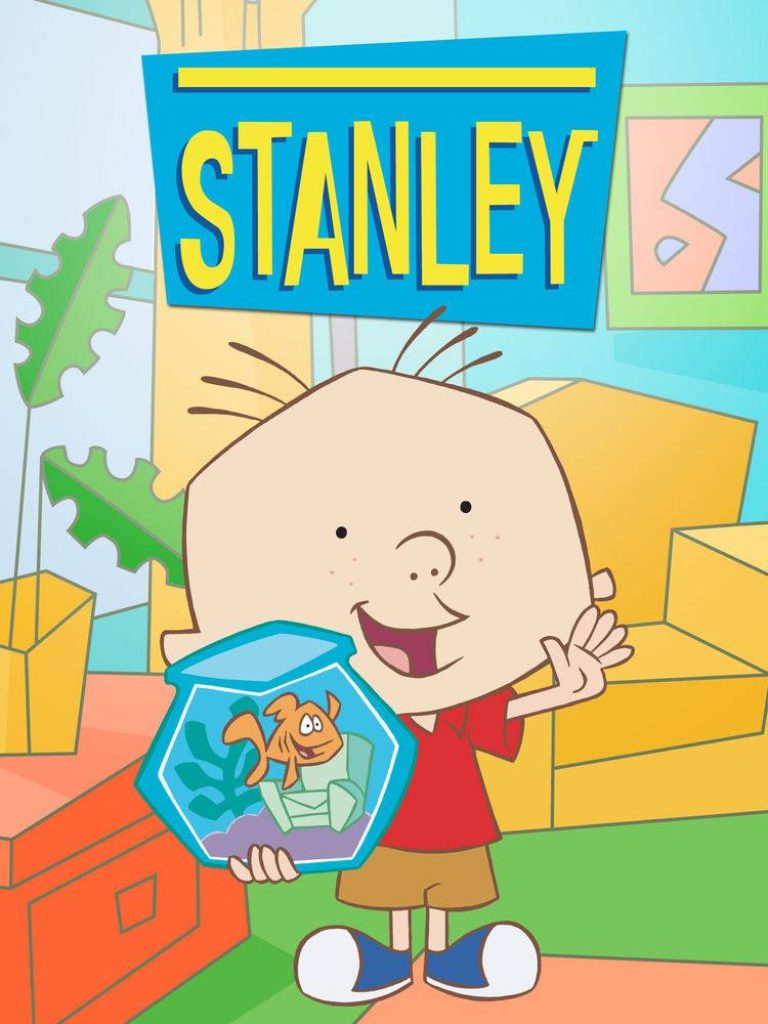 Stanley Griff in red shirt joyfully holding goldfish Dennis in blue bowl cartoon wallpaper