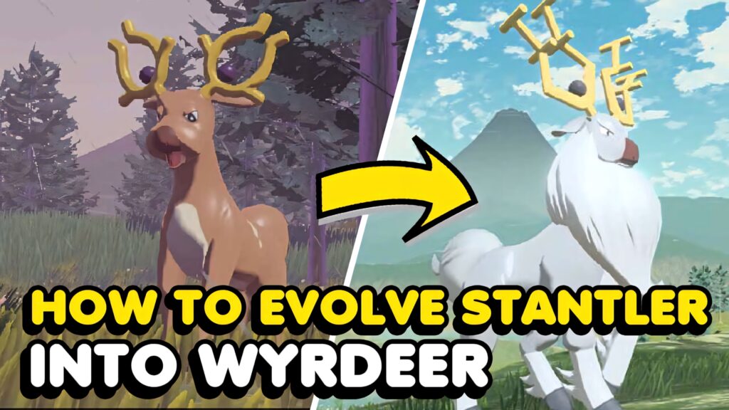 Stantler evolving into Wyrdeer split scene wallpaper vibrant backgrounds bold text guide