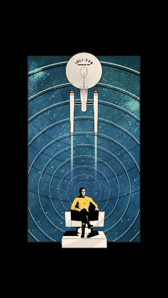 Star Trek Wallpaper: Person Under Spaceship in Cosmic Pattern