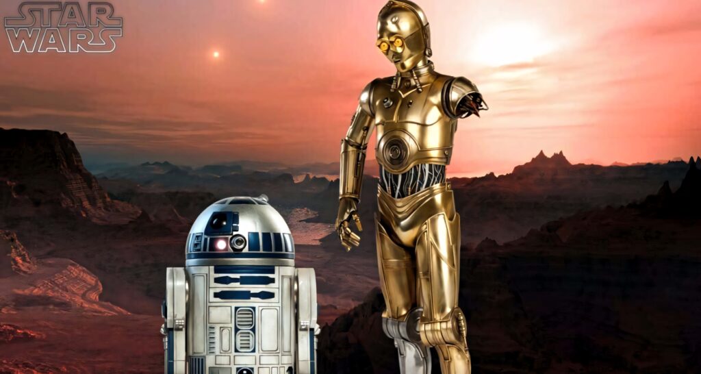 Star Wars wallpaper with C-3PO and R2-D2 on rocky alien landscape at golden sunset sky