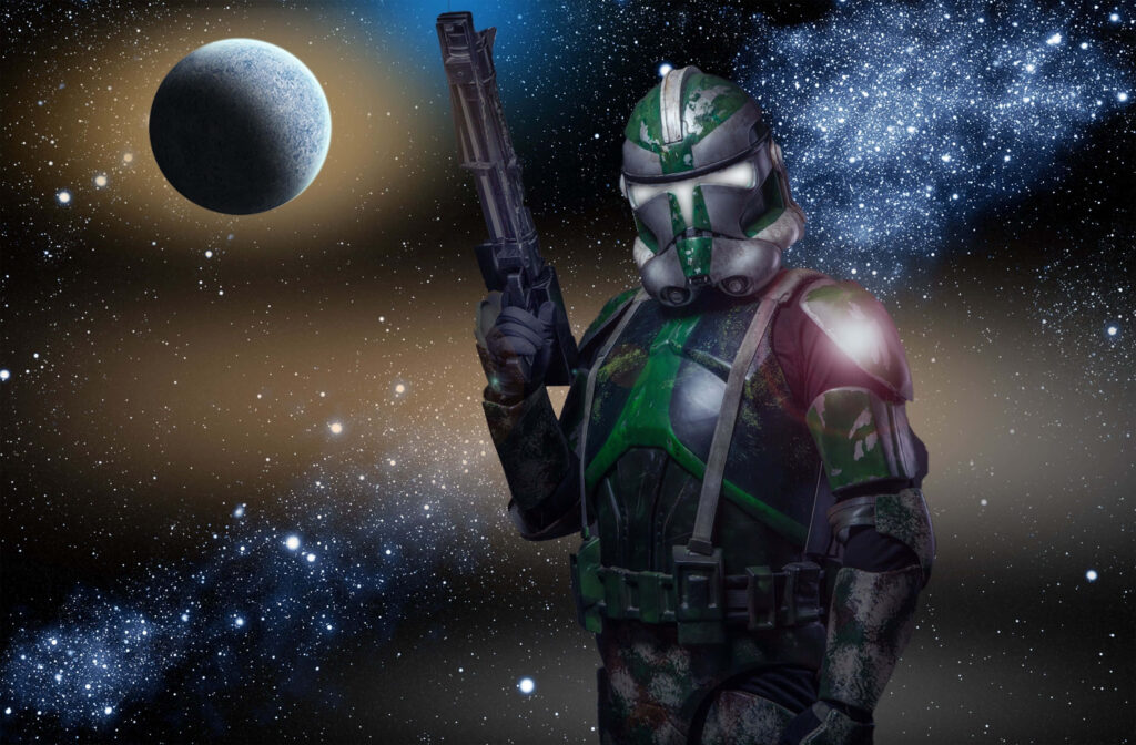 Star Wars Clone Trooper Wallpaper: Cosmic Battle Scene Background