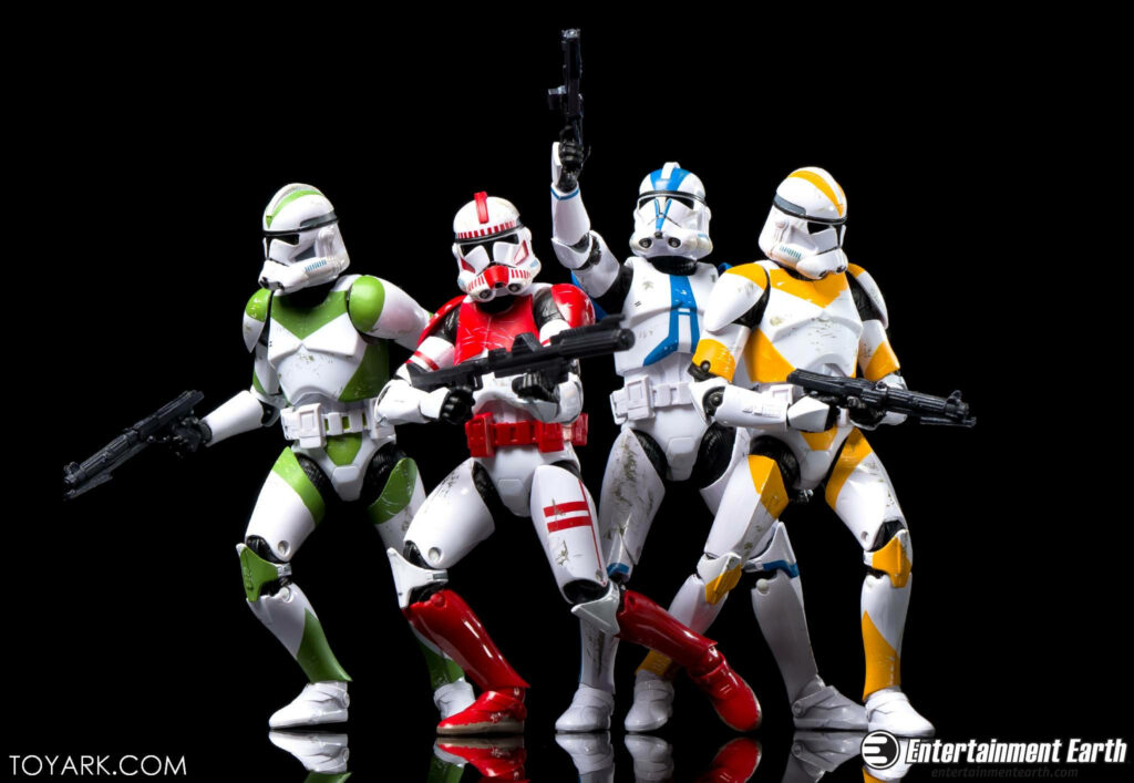 Four colorful Clone Troopers in vibrant armor ready for battle Star Wars high resolution wallpaper