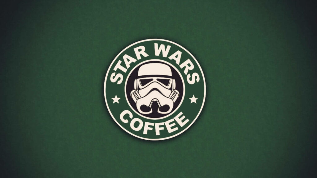 Star Wars Coffee wallpaper with Stormtrooper helmet and Starbucks logo green background design
