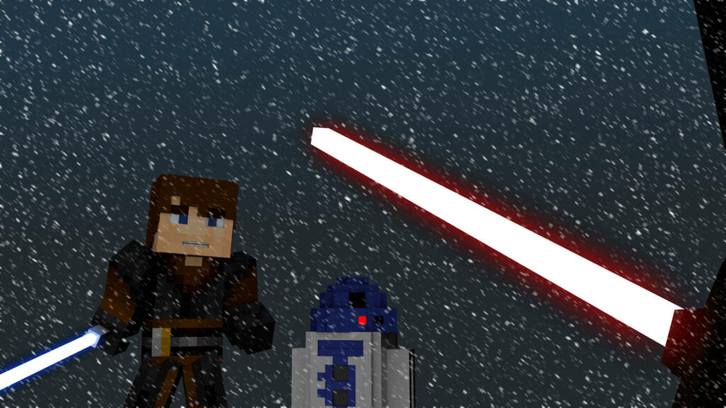 Epic Minecraft Luke Skywalker Wallpaper with R2-D2 in Snowy Scene