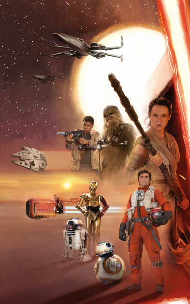 Galactic Star Wars Wallpaper: Rey, Finn & Iconic Droids in Space